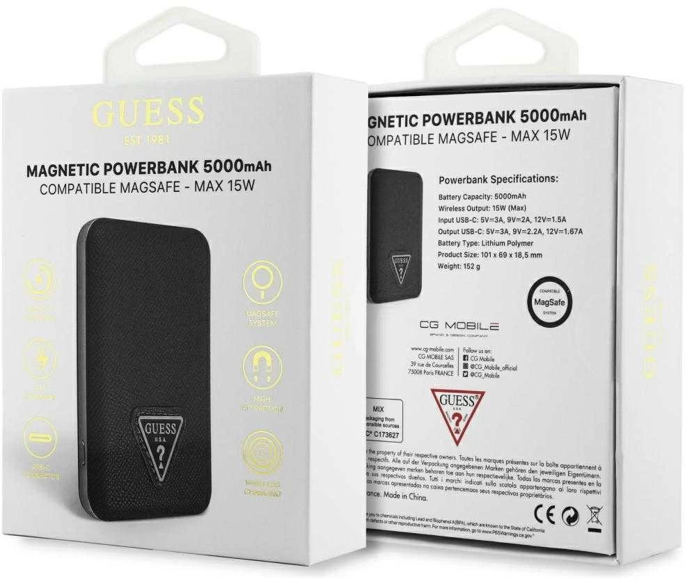Išorinė baterija „Guess Grained Triangle“ 5000mAh 15W USB-C MagSafe indukcinis juodas