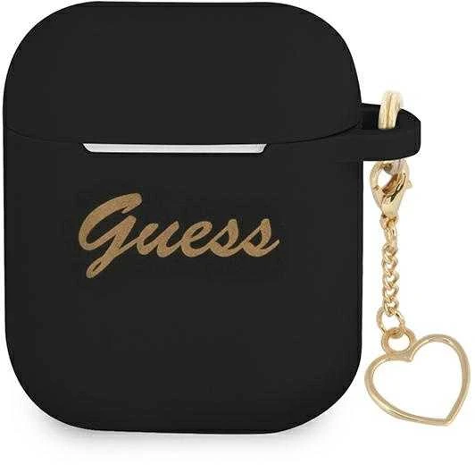 „Guess GUA2LSCHSK“ „AirPods 1/2“ ausinių dėklas, juodas, su silikoniniu pakabuku, širdelių kolekcijoje.
