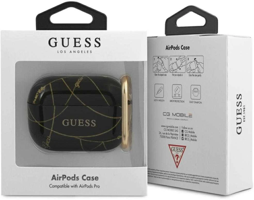 Guess apsauginis dėklas GUACAPPTPUCHBK auksinių grandinėlių kolekcija, skirta AirPods Pro juoda / auksinė