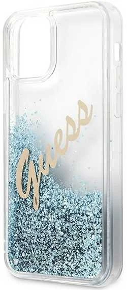 Guess GUHCP12LGLVSBL Apple iPhone 12 Pro Max 6,7″ mėlynas kietas dėklas Glitter Vintage Script