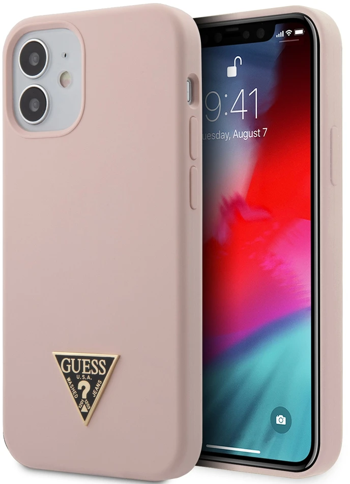Dėklas GUESS GUHCP12SLSTMLP IPHONE 12 MINI 5.4" LIGHT Rožinis/LIGHT Rožinis kietas silikoninis trikampio formos logotipas