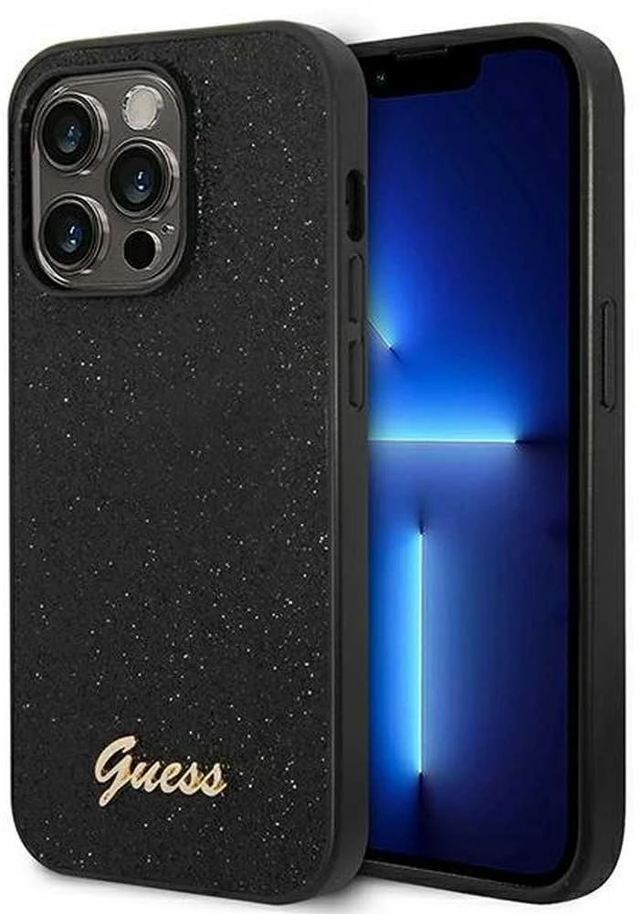 Guess GUHCP14LHGGSHK Apple iPhone 14 Pro 6,1″ juodos spalvos kietas dėklas Glitter Script