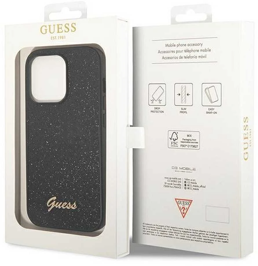 Guess GUHCP14LHGGSHK Apple iPhone 14 Pro 6,1″ juodos spalvos kietas dėklas Glitter Script