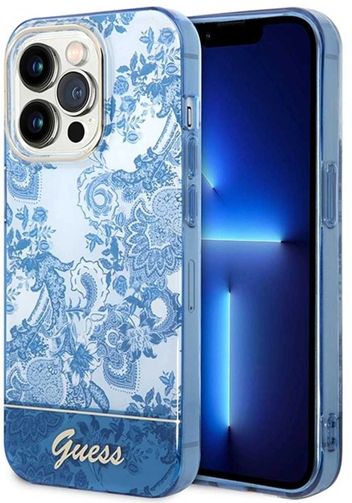 Guess GUHCP14LHGPLHB Apple iPhone 14 Pro 6,1″ mėlynas kietas dėklas Porcelain Collection