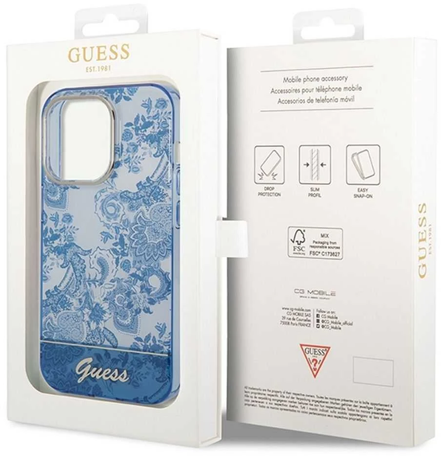 Guess GUHCP14LHGPLHB Apple iPhone 14 Pro 6,1″ mėlynas kietas dėklas Porcelain Collection