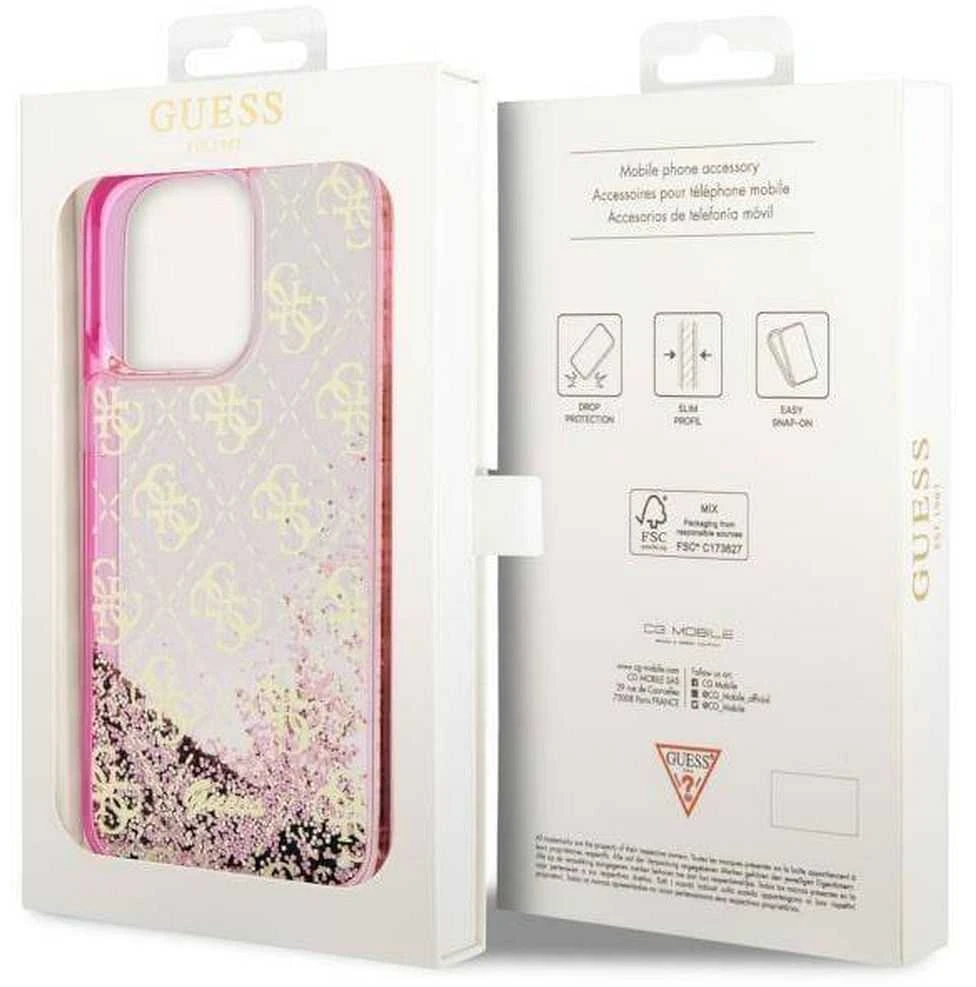 Guess GUHCP14LLC4PSGP Apple iPhone 14 Pro 6.1″ rožinės spalvos kietas dėklas Liquid Glitter 4G Transculent