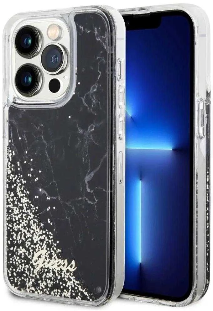 Guess GUHCP14LLCSGSGK Apple iPhone 14 Pro 6.1″ juodos spalvos kietas dėklas Liquid Glitter Marble