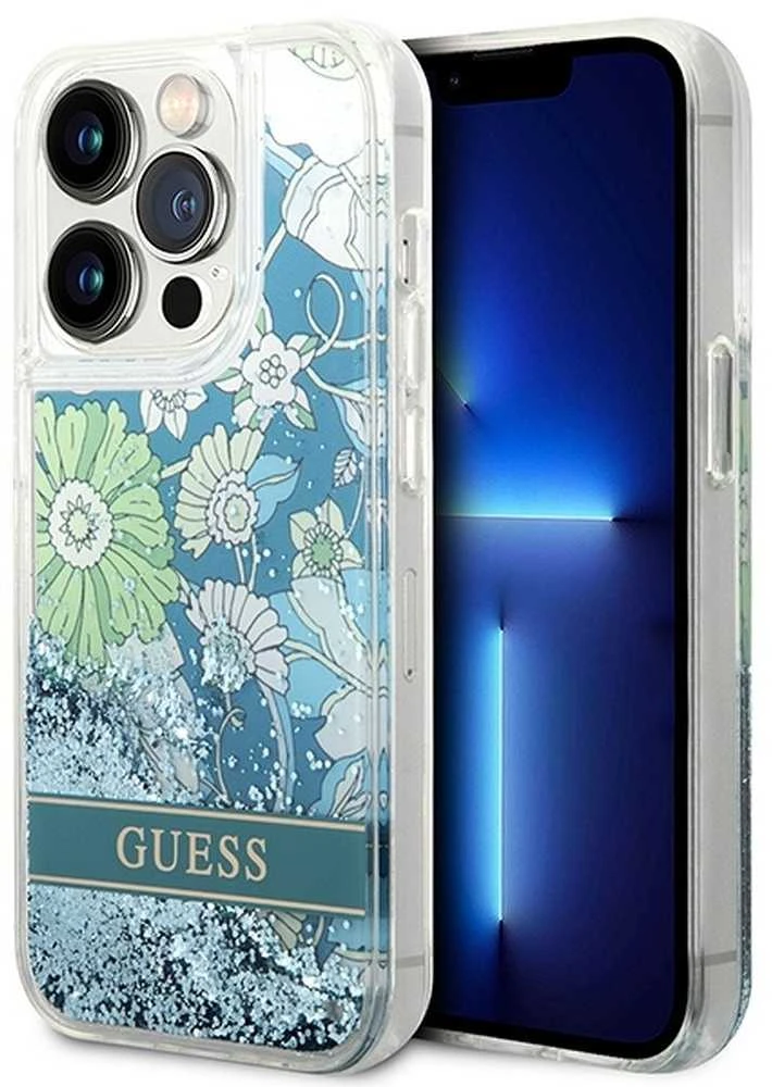 Guess GUHCP14LLFLSN Apple iPhone 14 Pro 6,1″ žalias kietas dėklas Flower Liquid Glitter