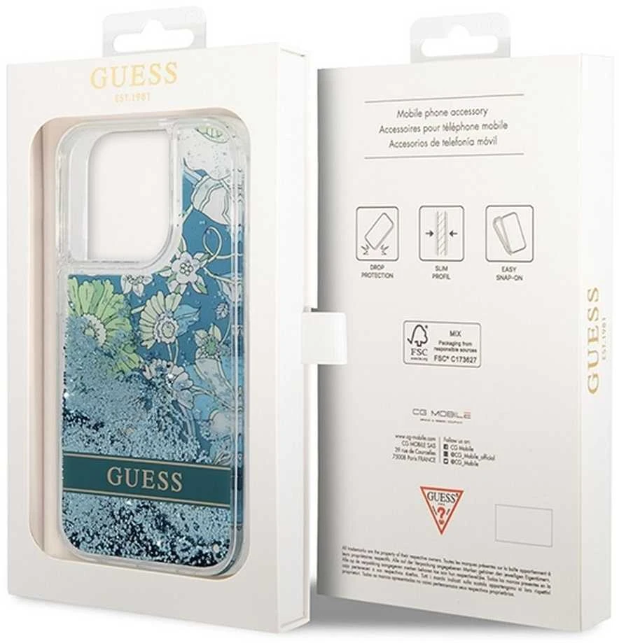 Guess GUHCP14LLFLSN Apple iPhone 14 Pro 6,1″ žalias kietas dėklas Flower Liquid Glitter
