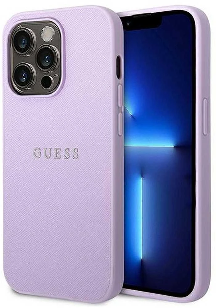 Guess Saffiano Metal Logo Stripes - dėklas skirtas Apple iPhone 14 Pro Lilac