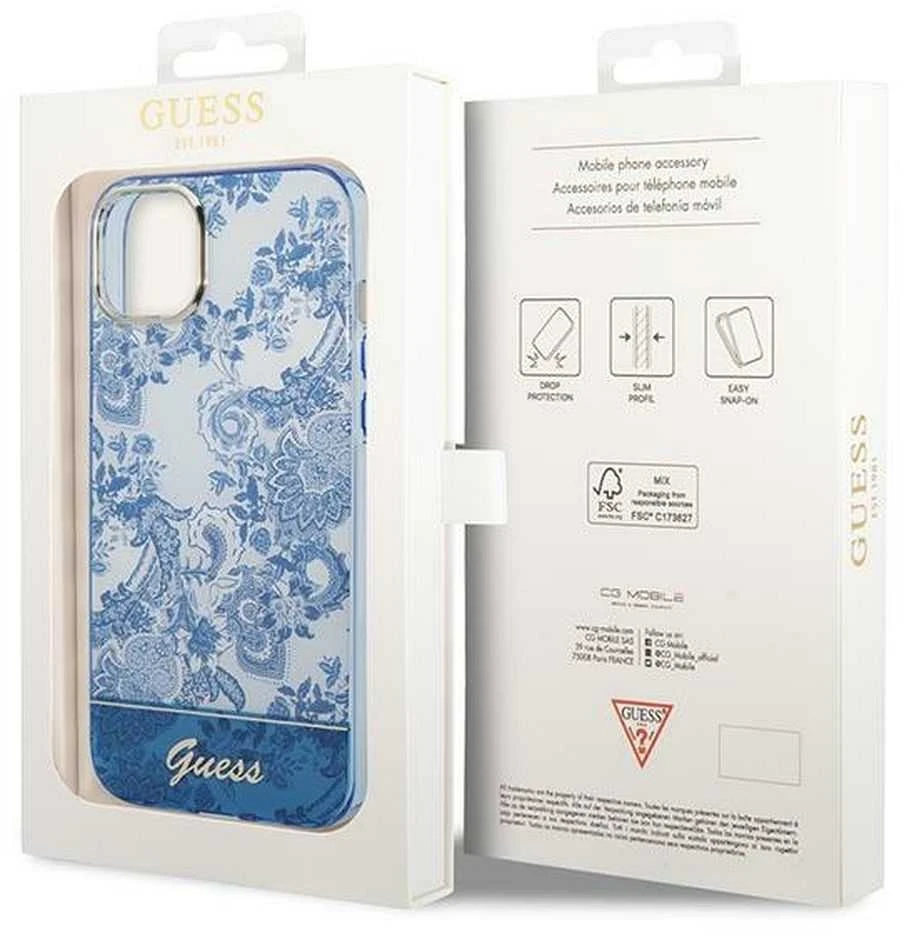 Guess GUHCP14MHGPLHB Apple iPhone 14 Plus / 15 Plus 6.7″ mėlynas kietas dėklas Porcelain Collection