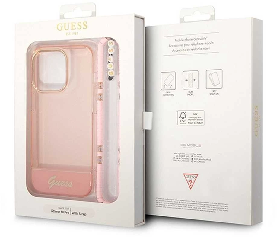 Dėklas Guess GUHCP14XHGCOHP Apple iPhone 14 Pro Max 6,7″ rožinės spalvos hardcase Translucent Pearl Strap