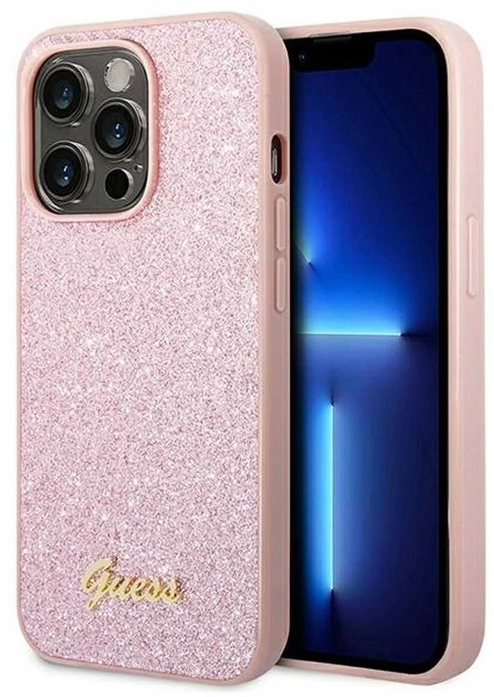 Guess GUHCP14XHGGSHP Apple iPhone 14 Pro Max 6,7" dėklas telefonui rožinės spalvos hard case Glitter Script