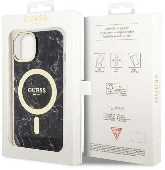 Guess GUHMP14SPCUMAK Apple iPhone 14 / 15 / 13 6.1″ juodos spalvos kietas dėklas Marble MagSafe