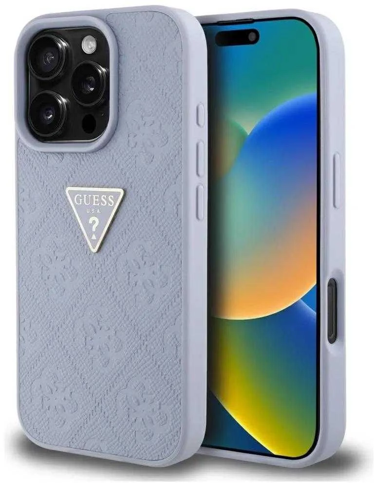 Dėklas Guess Hot Stamp 4G Pattern Triangle Metal Logo Apple iPhone 16 Pro Max violetinės spalvos