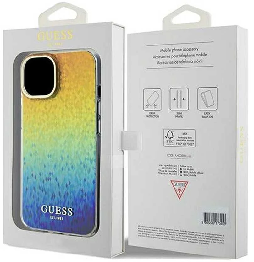 Guess GUHCP14SHDECMI Apple iPhone 14 / 15 / 13 6.1″ kietas dėklas IML Faceted Mirror Disco Iridesc
