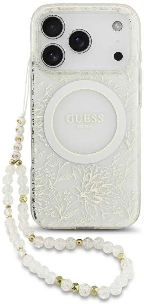 Guess IML Flowers Allover Strap MagSafe dėklas skirtas Apple iPhone 17 Pro baltos spalvos