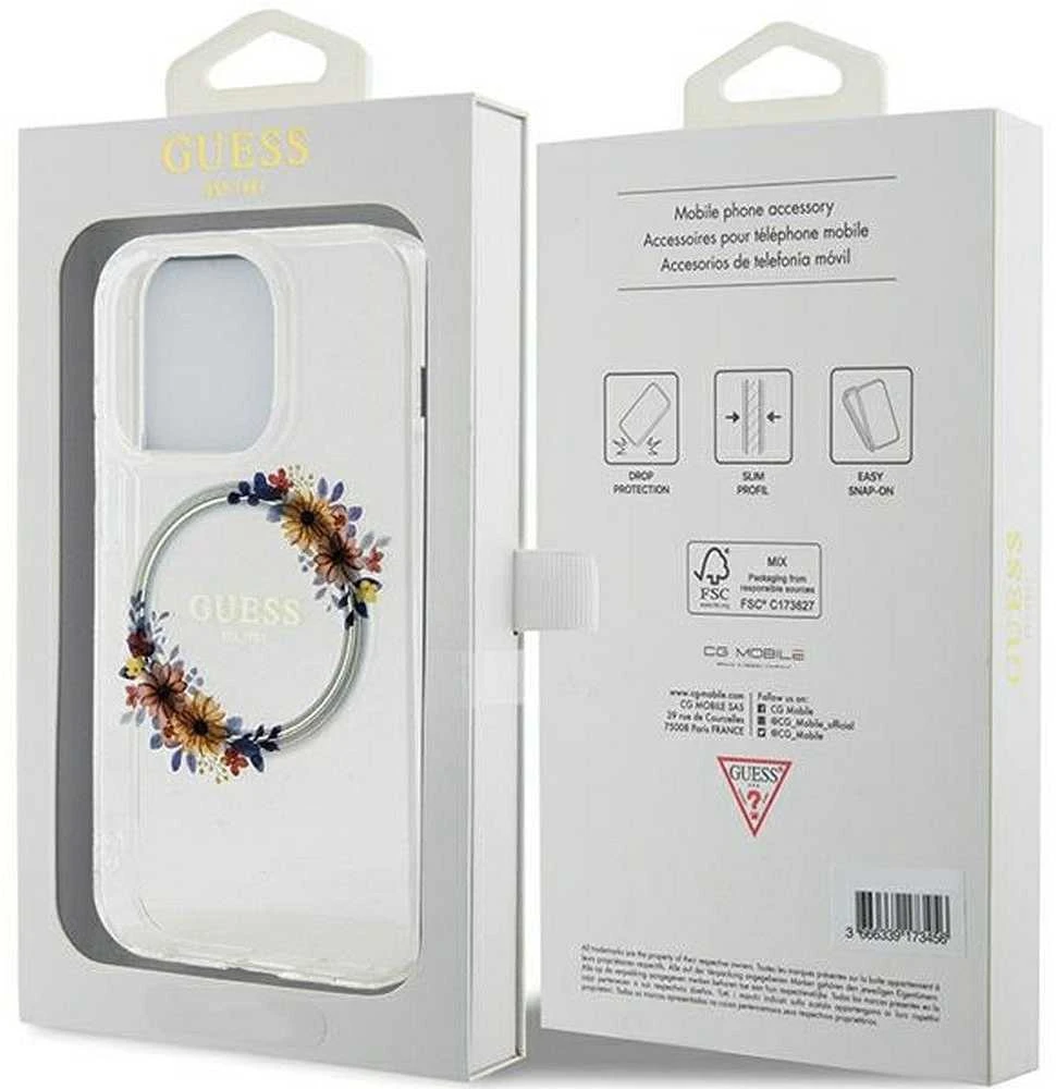 Dėklas GUESS GUHMP15LHFWFFCT IPHONE 15 PRO 6.1 "SKAIDRUS KIETAS DĖLIS IML FLOWERS WREATCH MAGSAFE