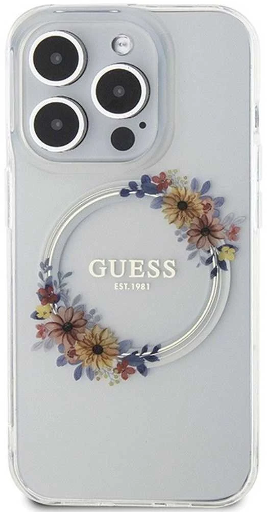 Dėklas GUESS GUHMP15LHFWFFCT IPHONE 15 PRO 6.1 "SKAIDRUS KIETAS DĖLIS IML FLOWERS WREATCH MAGSAFE