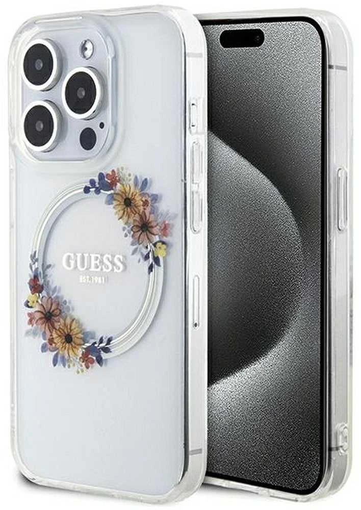 Dėklas GUESS GUHMP15LHFWFFCT IPHONE 15 PRO 6.1 "SKAIDRUS KIETAS DĖLIS IML FLOWERS WREATCH MAGSAFE