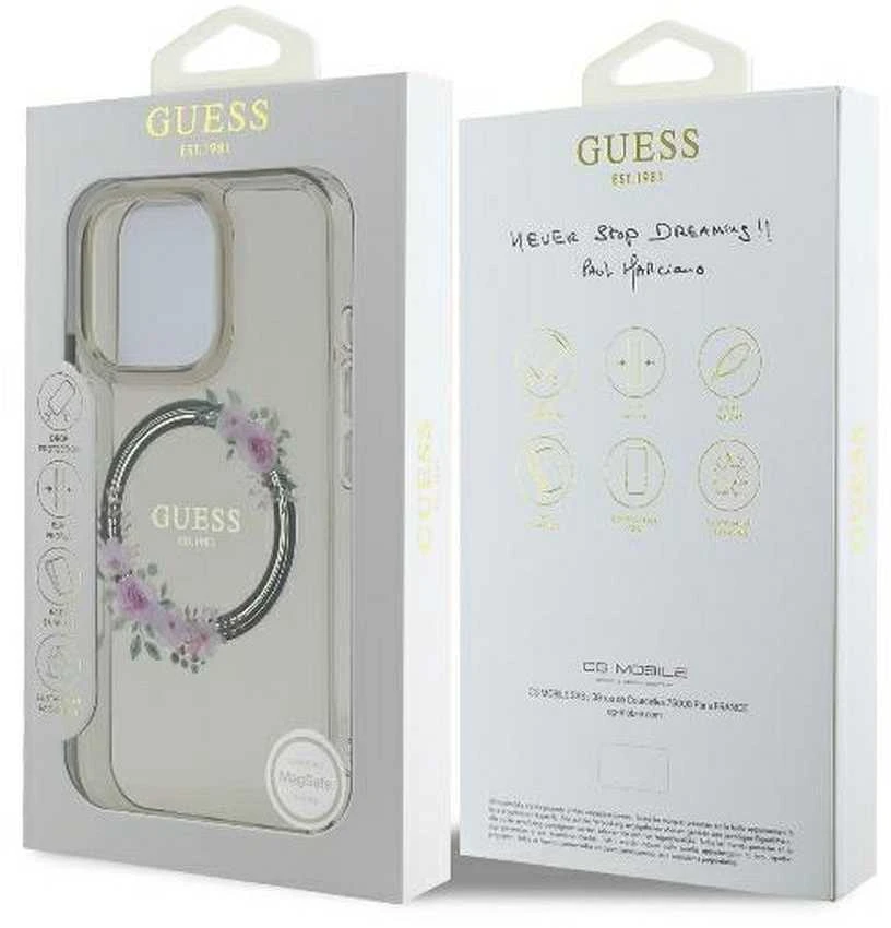 Guess GUHMP16LHFWFCK Apple iPhone 16 Pro 6.3″ juodos spalvos kietas dėklas IML Flowers Wreath MagSafe