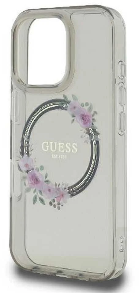 Guess GUHMP16LHFWFCK Apple iPhone 16 Pro 6.3″ juodos spalvos kietas dėklas IML Flowers Wreath MagSafe
