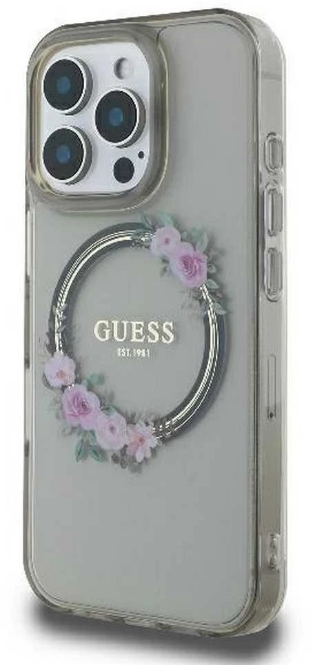 Guess GUHMP16LHFWFCK Apple iPhone 16 Pro 6.3″ juodos spalvos kietas dėklas IML Flowers Wreath MagSafe
