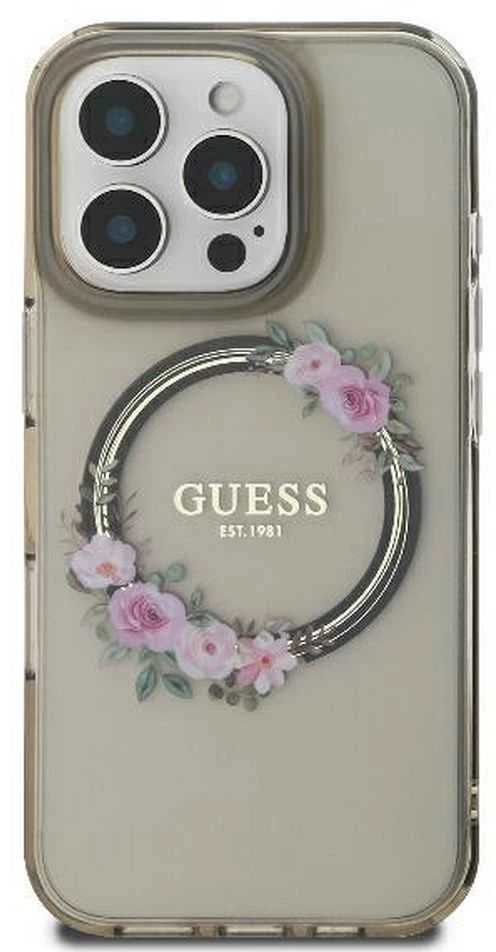 Guess GUHMP16LHFWFCK Apple iPhone 16 Pro 6.3″ juodos spalvos kietas dėklas IML Flowers Wreath MagSafe