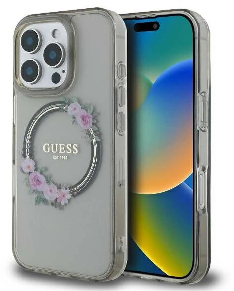 Guess GUHMP16LHFWFCK Apple iPhone 16 Pro 6.3″ juodos spalvos kietas dėklas IML Flowers Wreath MagSafe