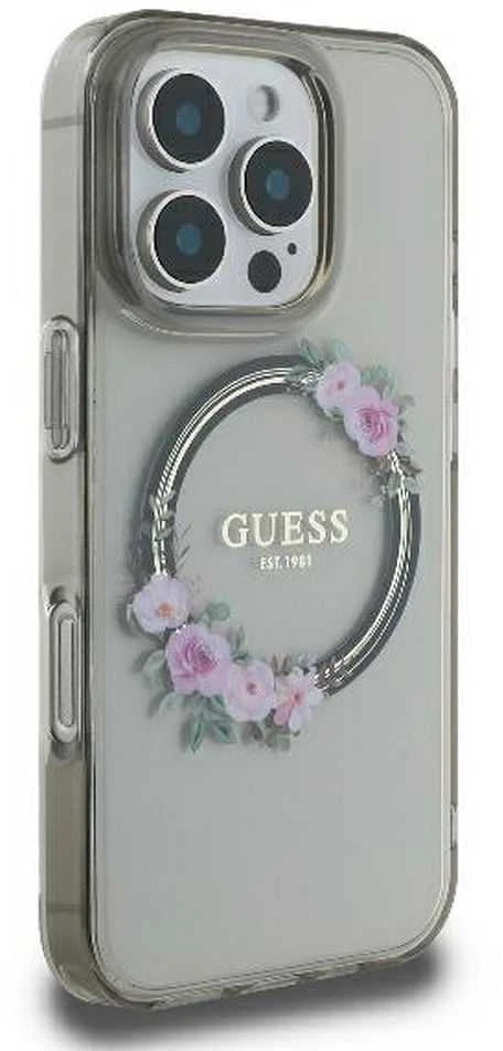 Guess GUHMP16LHFWFCK Apple iPhone 16 Pro 6.3″ juodos spalvos kietas dėklas IML Flowers Wreath MagSafe