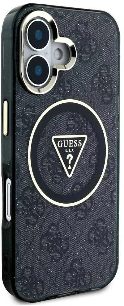 Dėklas Guess IML Metal Glitter 4G Circle Triangle MagSafe iPhone 16 juodos spalvos