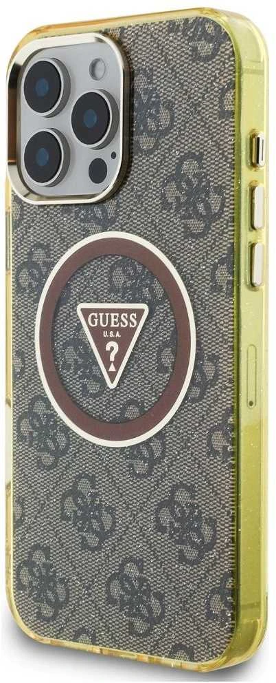 Dėklas Guess IML Metal Glitter 4G Circle Triangle MagSafe Phone 16 Pro rudos spalvos