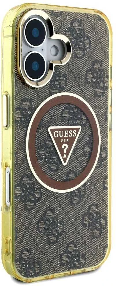 Dėklas Guess IML Metal Glitter 4G Circle Triangle MagSafe Apple iPhone 16 rudos spalvos