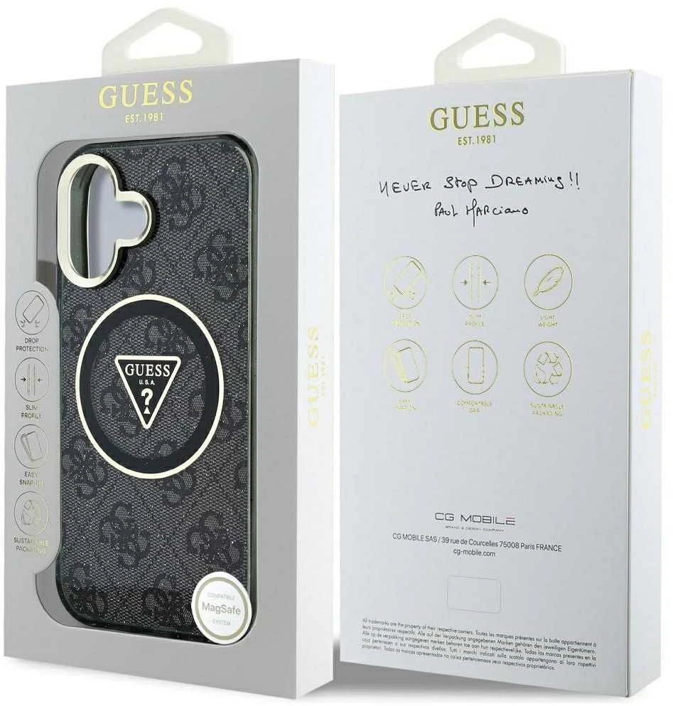 Dėklas Guess IML Metal Glitter 4G Circle Triangle MagSafe iPhone 16 juodos spalvos
