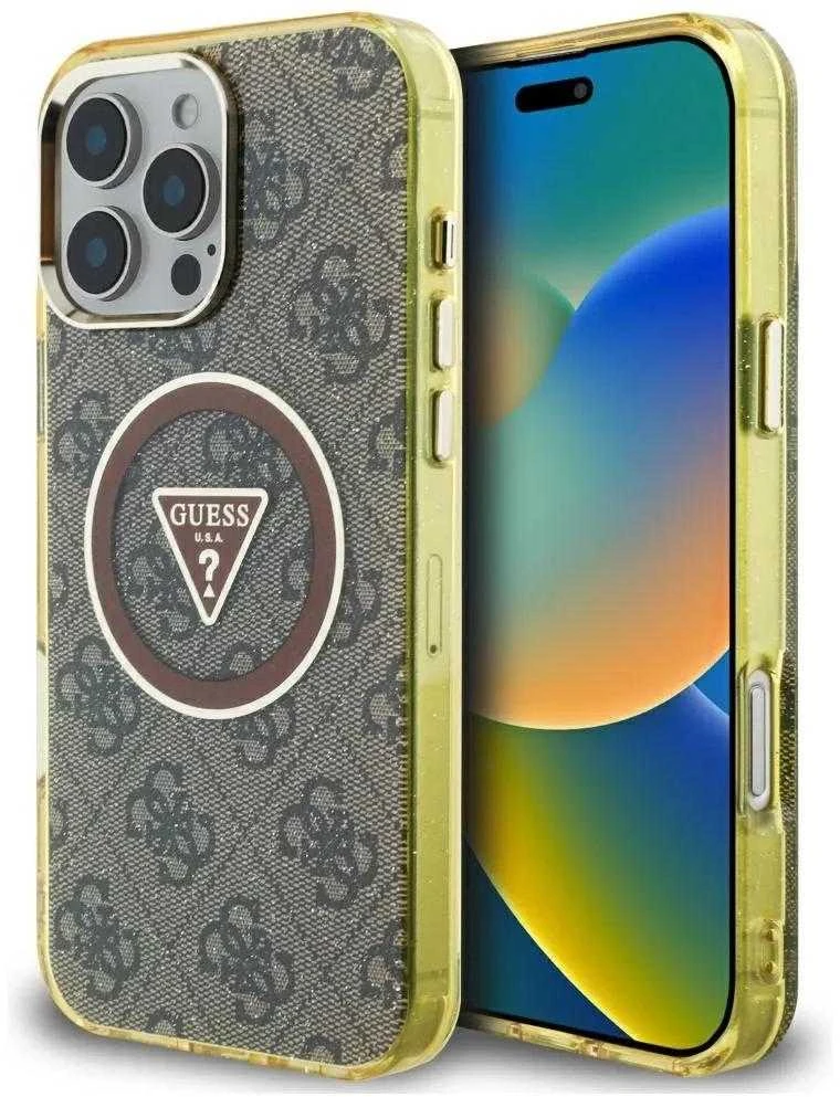 Dėklas Guess IML Metal Glitter 4G Circle Triangle MagSafe, skirtas Phone 16 Pro, rudos spalvos