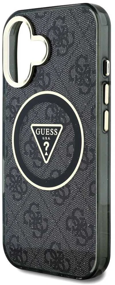 Dėklas Guess IML Metal Glitter 4G Circle Triangle MagSafe iPhone 16 juodos spalvos