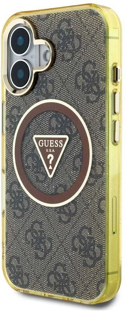 Dėklas Guess IML Metal Glitter 4G Circle Triangle MagSafe Apple iPhone 16 rudos spalvos