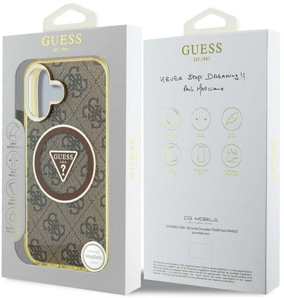 Dėklas Guess IML Metal Glitter 4G Circle Triangle MagSafe Apple iPhone 16 rudos spalvos