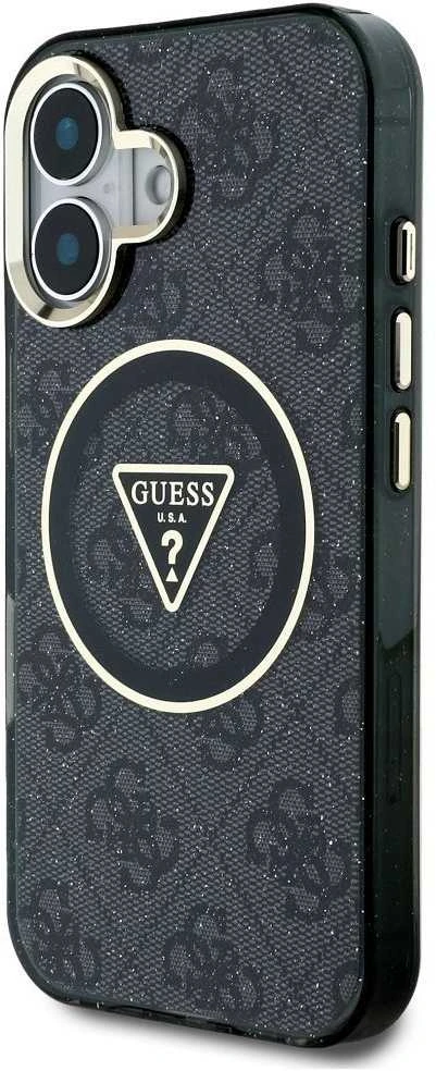 Dėklas Guess IML Metal Glitter 4G Circle Triangle MagSafe iPhone 16 juodos spalvos