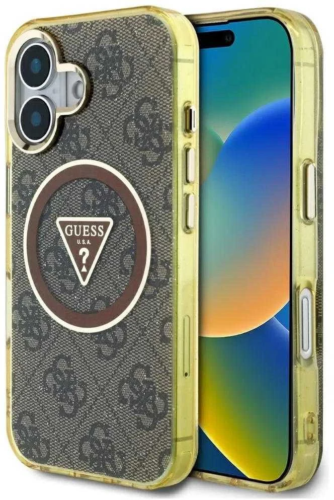 Dėklas Guess IML Metal Glitter 4G Circle Triangle MagSafe Apple iPhone 16 rudos spalvos