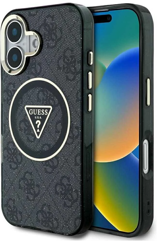 Dėklas Guess IML Metal Glitter 4G Circle Triangle MagSafe iPhone 16 juodos spalvos