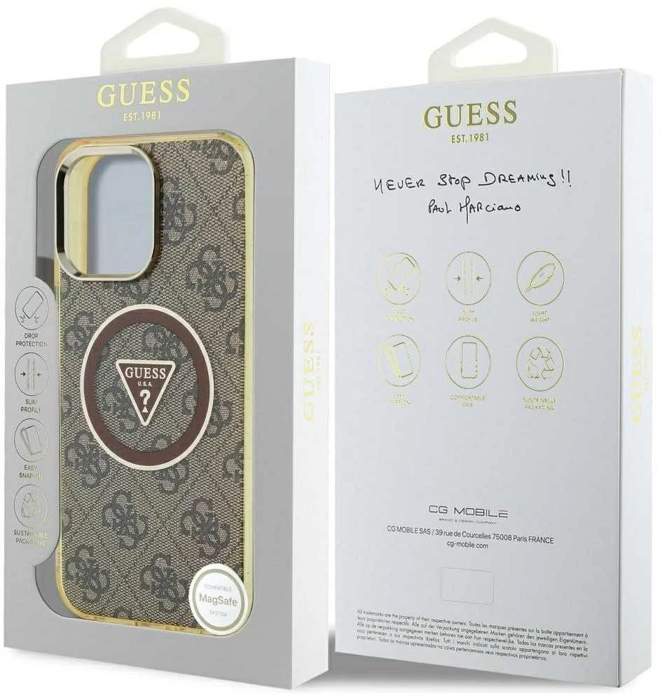 Dėklas Guess IML Metal Glitter 4G Circle Triangle MagSafe Phone 16 Pro rudos spalvos