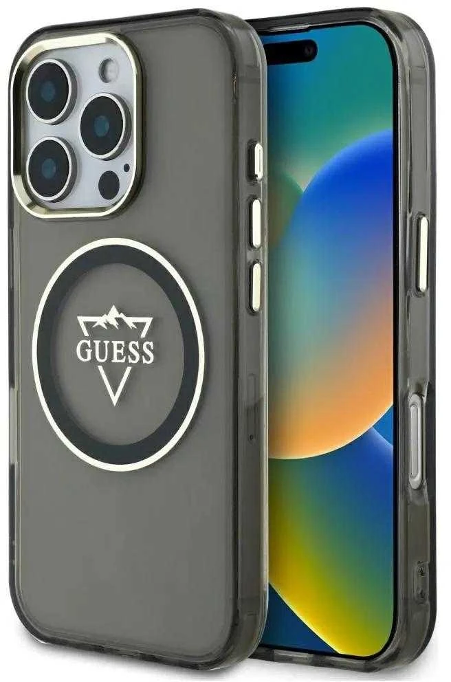 Dėklas Guess IML Metal Mountain Logo MagSafe Apple iPhone 16 Pro juodos spalvos