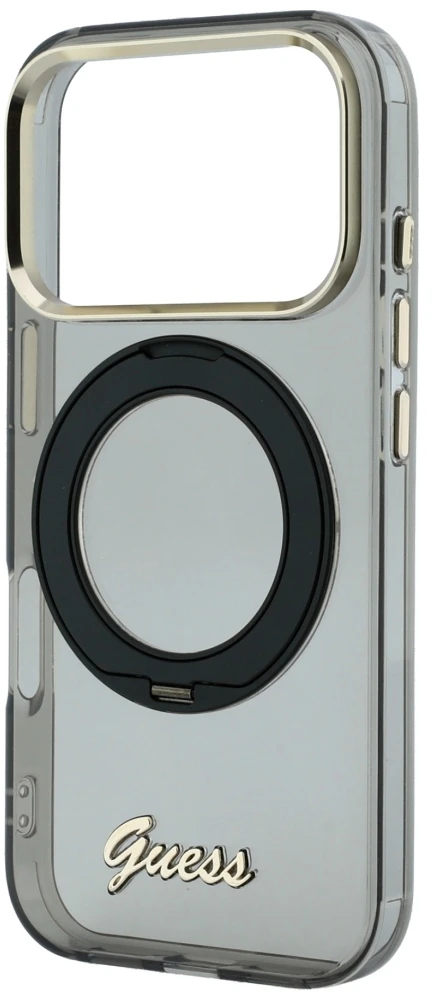 Dėklas Guess IML Ring Stand 360 Script Metal Logo MagSafe Case for iPhone 17 Pro Max / 18 Pro Max - Juoda