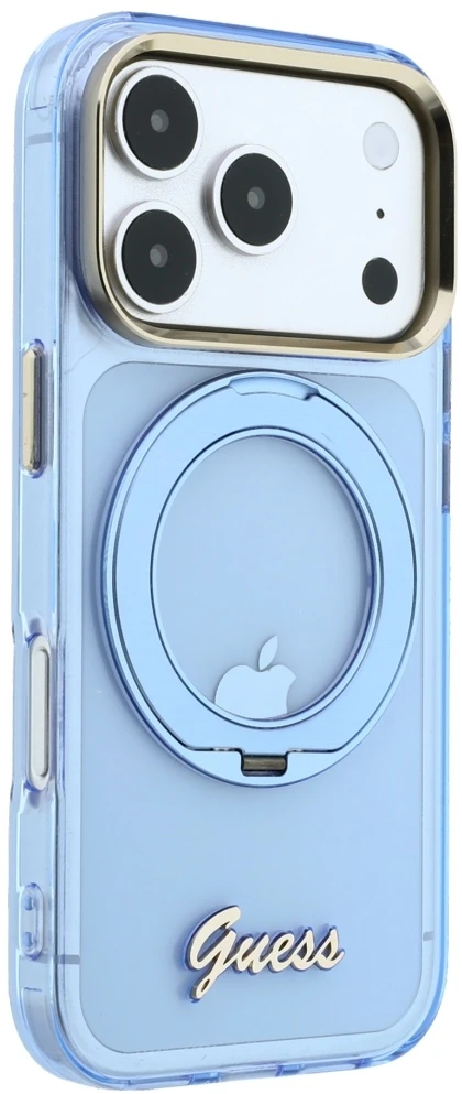 Dėklas Guess IML Ring Stand 360 Script Metal Logo MagSafe Case, skirtas iPhone 17 Pro Max / 18 Pro Max - Šviesiai mėlyna