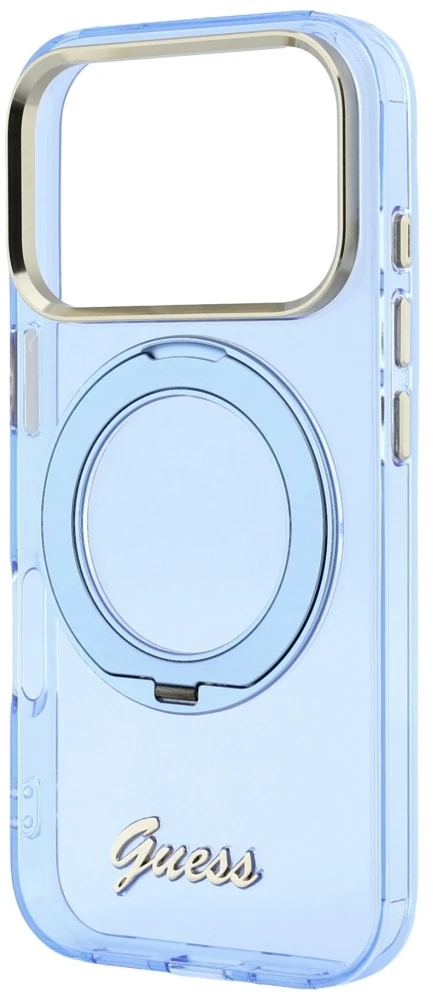 Dėklas Guess IML Ring Stand 360 Script Metal Logo MagSafe Case, skirtas iPhone 17 Pro Max / 18 Pro Max - Šviesiai mėlyna