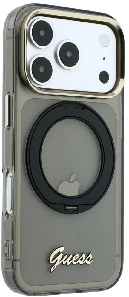 Dėklas Guess IML Ring Stand 360 Script Metal Logo MagSafe Case for iPhone 17 Pro Max / 18 Pro Max - Juoda