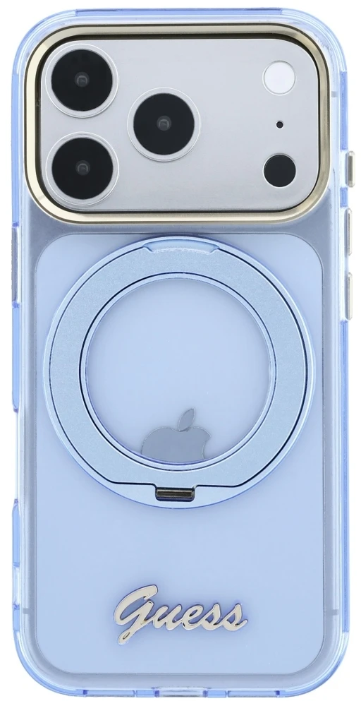 Dėklas Guess IML Ring Stand 360 Script Metal Logo MagSafe Case, skirtas iPhone 17 Pro Max / 18 Pro Max - Šviesiai mėlyna