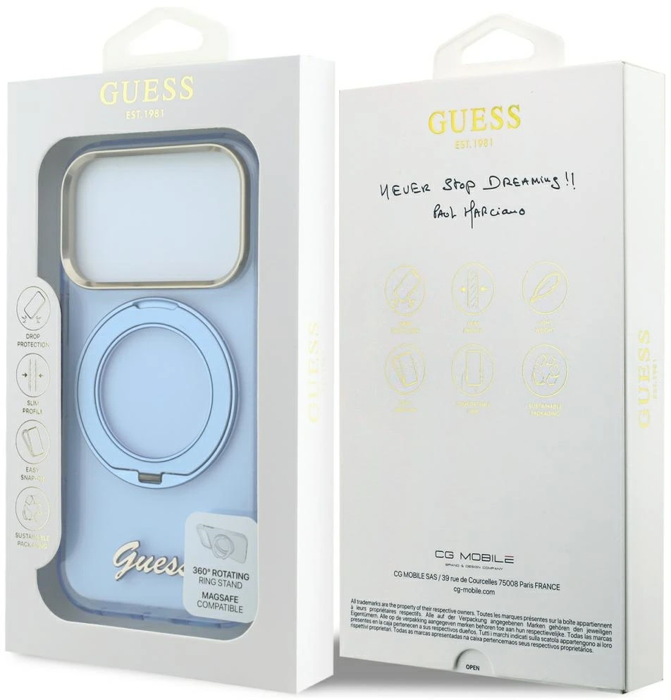 Dėklas Guess IML Ring Stand 360 Script Metal Logo MagSafe Case, skirtas iPhone 17 Pro Max / 18 Pro Max - Šviesiai mėlyna