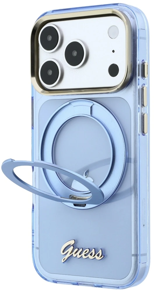 Dėklas Guess IML Ring Stand 360 Script Metal Logo MagSafe Case, skirtas iPhone 17 Pro Max / 18 Pro Max - Šviesiai mėlyna